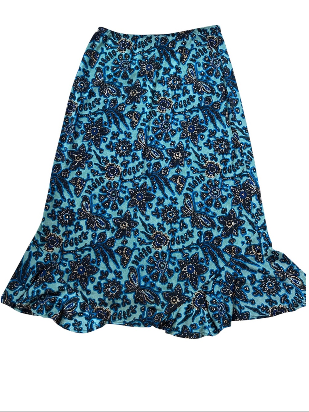 VTG Teal Blue Floral Paisley Slinky Midi Skirt Boho Whimsigoth Grunge Fairy M